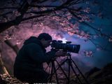 樱花延时摄影技术教程视频封面，摄影师在夜间架设相机拍摄延时素材
